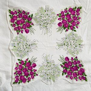 Vintage Handkerchief Floral Bouquet Purple Roses White Pansies Scalloped Edge